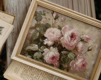Rustic Rose Oil Painting Print | Pink Flower Still Life (Digital Download)
