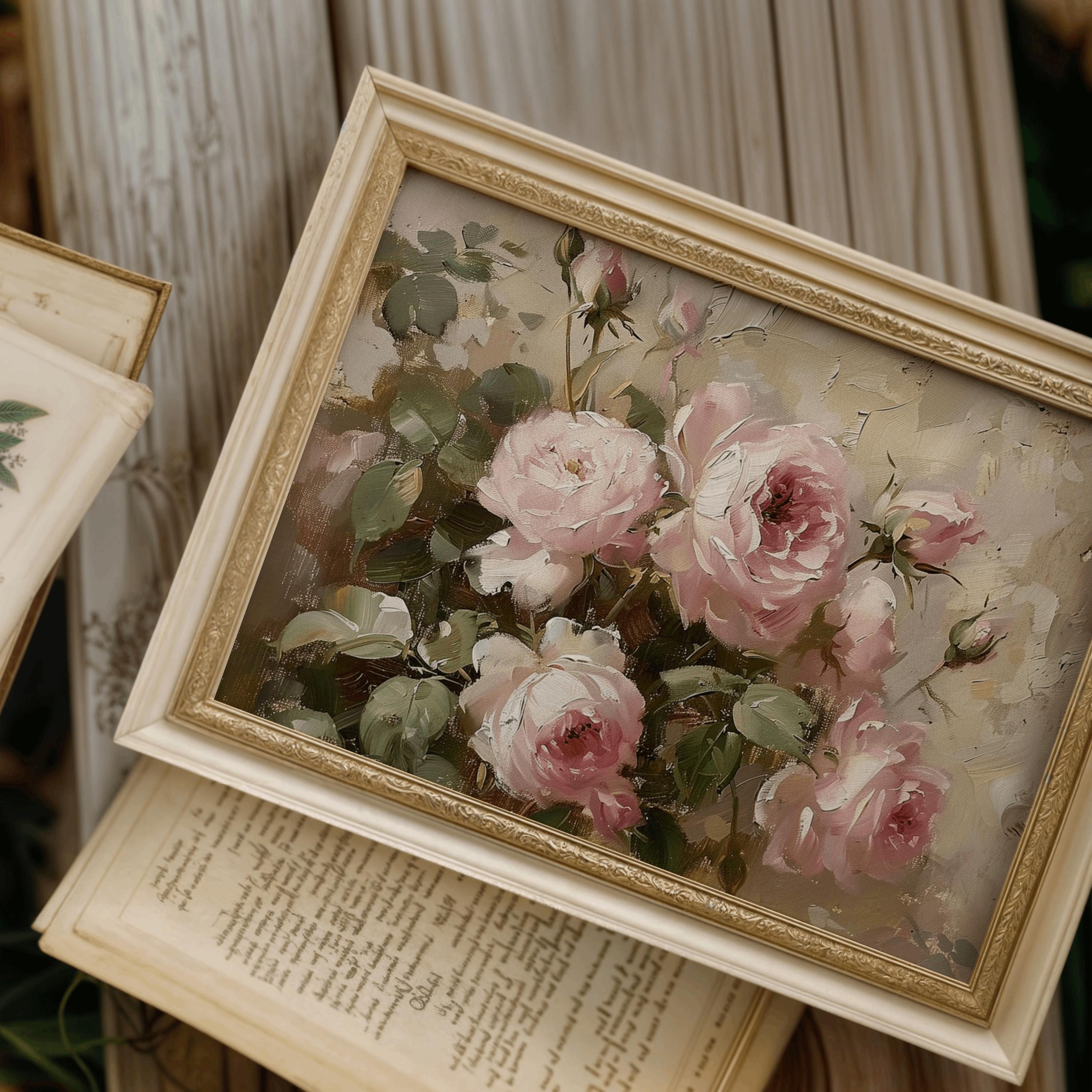 Vintage Pink Rose Oil Painting Print | Moody Floral Still Life (digital ...