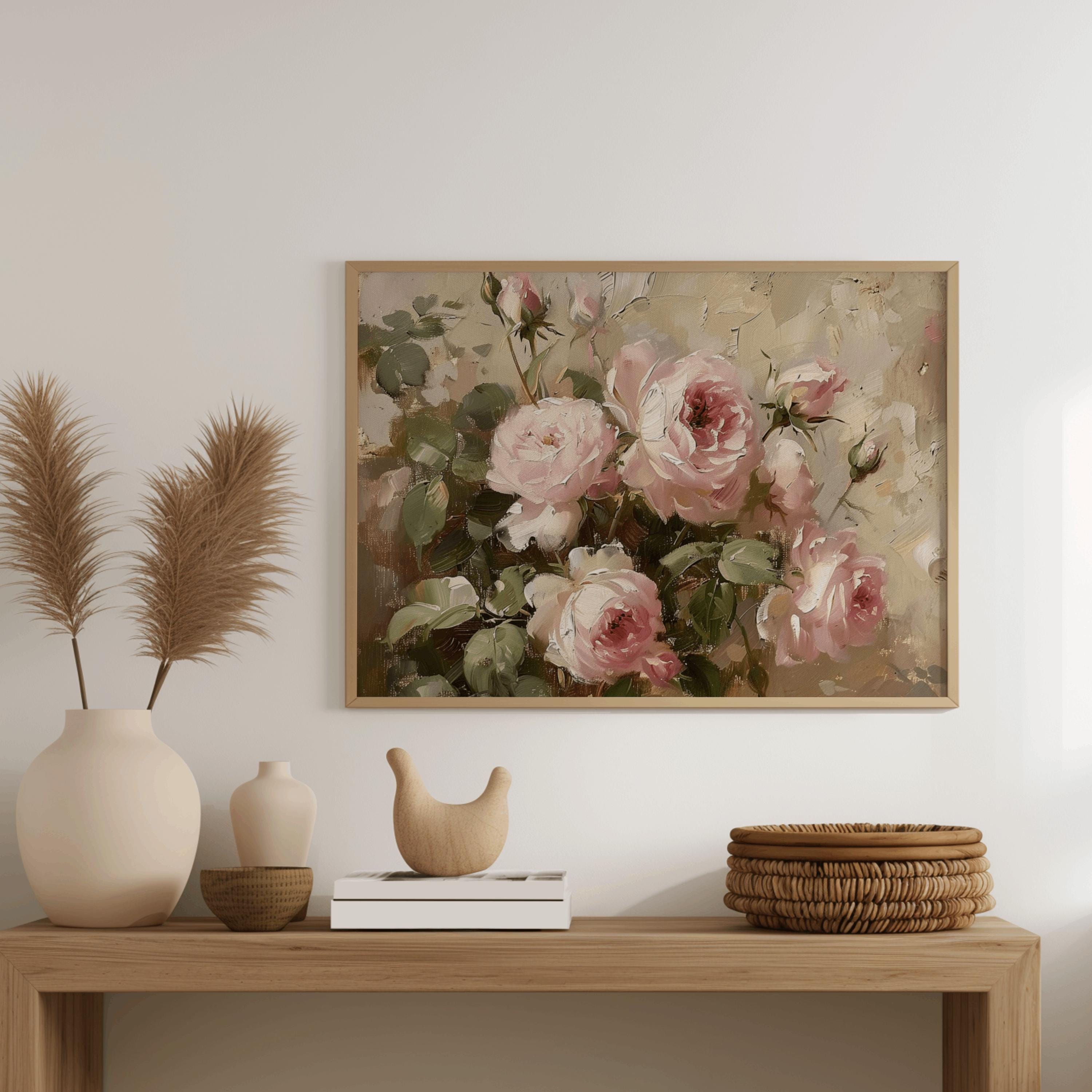 Vintage Pink Rose Oil Painting Print | Moody Floral Still Life (digital ...