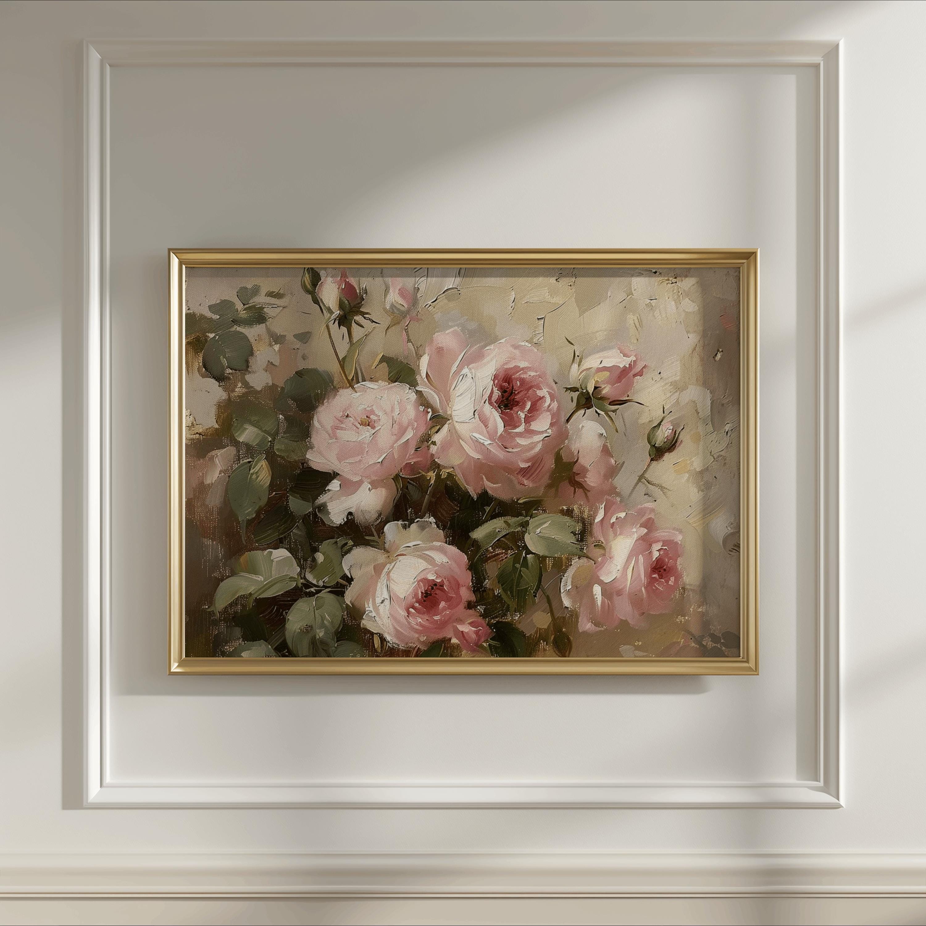 Vintage Pink Rose Oil Painting Print | Moody Floral Still Life (digital ...