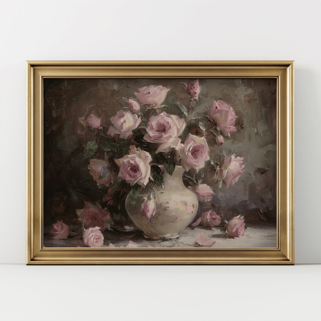 Dark Moody Rose Still Life Print, Vintage Floral Oil Painting (instant ...