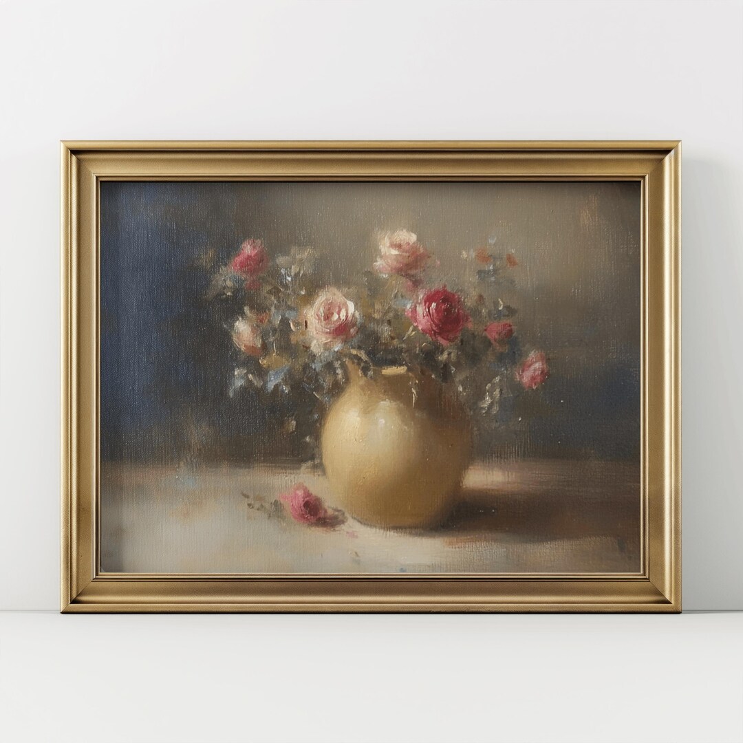 Antique Pink Rose Still Life Print | Moody Floral Oil Painting (digital ...