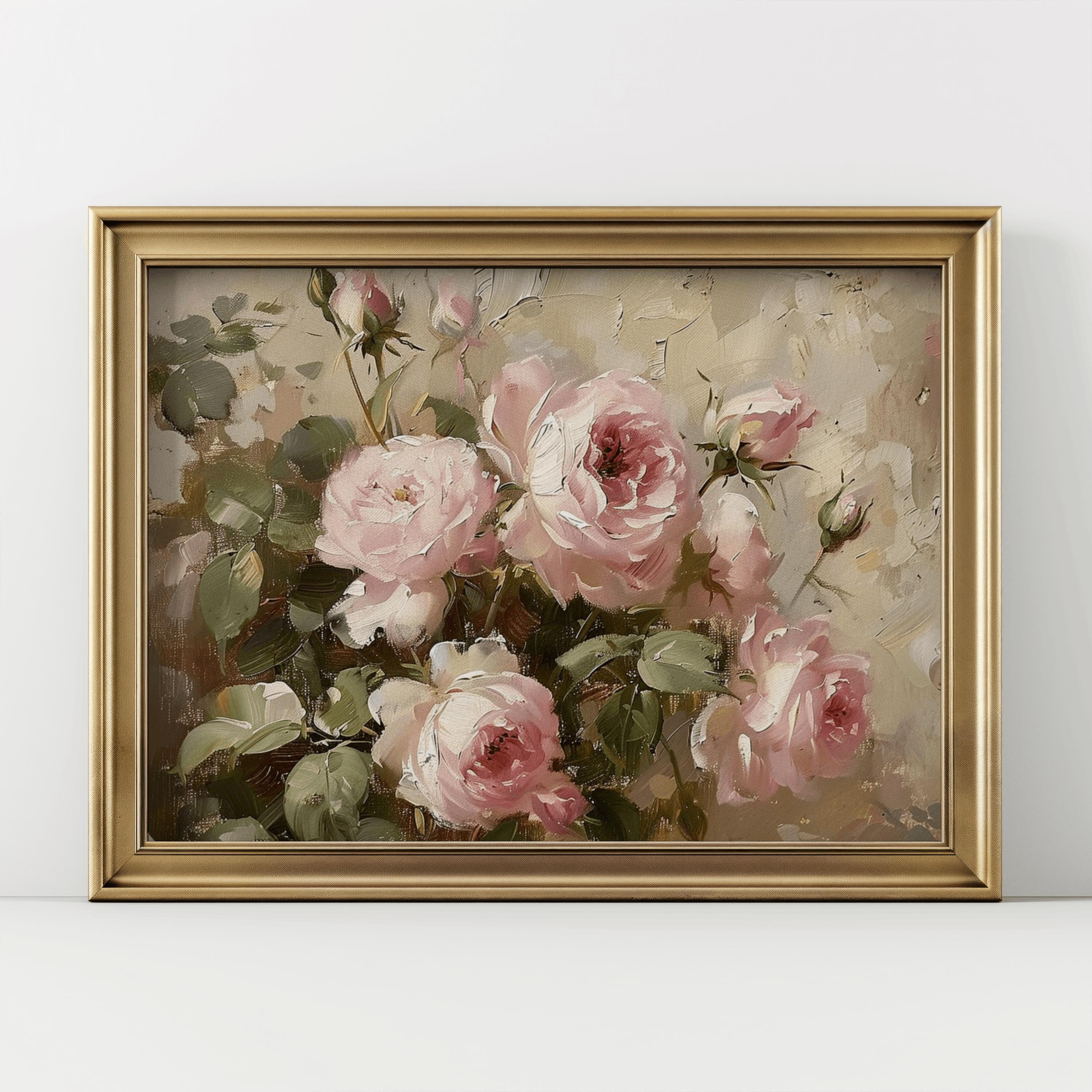 Vintage Pink Rose Oil Painting Print | Moody Floral Still Life (digital ...