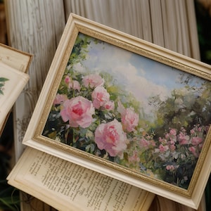 Charming Rose Garden Wall Art | Soft Pink Roses Oil Painting | Impressionist Floral Art Print | Summer Wildflower Cottage Printable