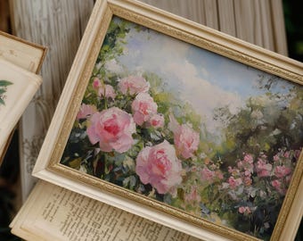 Rosas rosas, pintura al óleo / Impresión artística floral impresionista (descarga digital)