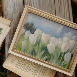 White Tulips Field Digital Print | Cottagecore Tulips Landscape | Spring Floral Oil Painting Print | Botanical Garden Art | Farmhouse Decor