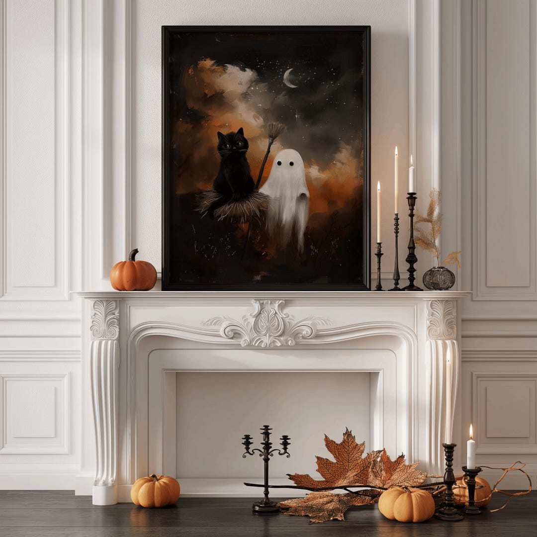 Spooky Halloween Wall Art | Cute Black Cat and Ghost Print | Printable ...