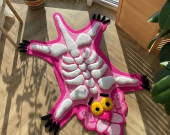 Pink Panther-skelettapijt – Handgemaakt getuft cartoon dierenkleed, eigenzinnig roze vloerdecor, grappig gewaagd statementtapijt voor kinderkamer of kinderkamer