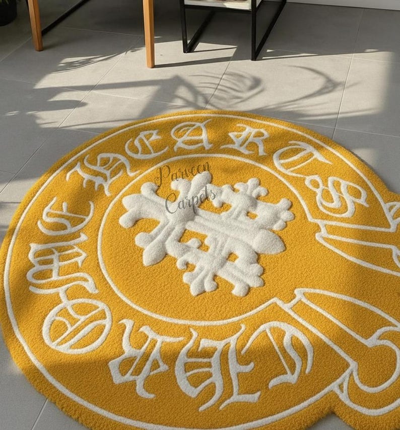 Golden Round Rug – Gothic Letter Tufted Carpet With Embossed Cross ...