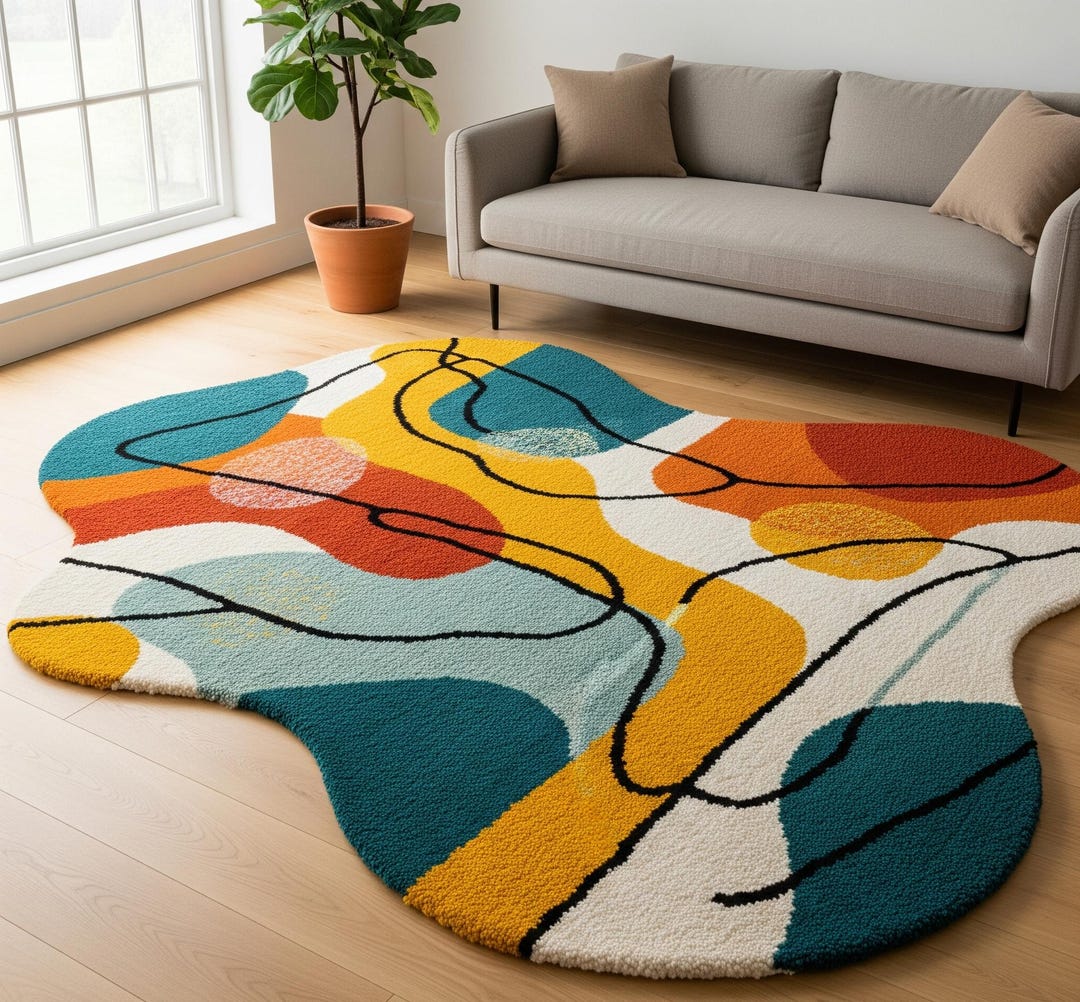 An Irregularly Shaped, Multi-colored Rug With an Abstract Design ...