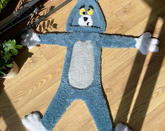 Alfombra con forma de gato Tom: alfombra de mechones suaves y esponjosos en 3D, ideal para decorar habitaciones infantiles, salas de juegos o dormitorios, alfombra de mechones hecha a mano, ideas de regalo.