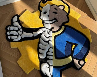 May include: A yellow, blue, and brown rug featuring a cartoon character with a skeleton on one side and a smiling face on the other. The character is giving a thumbs-up. The rug is shaped like a yellow plus sign.