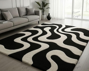 Black & White Abstract Wave Tufted Rug, Modern Minimalist Area Rug, Handmade Contemporary Living Room Bedroom Carpet, Luxury Home Decor Rug.