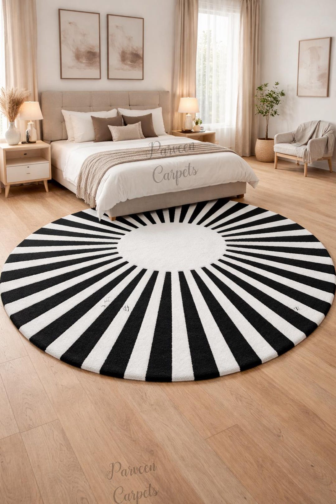 Modern Black and White Round Rug, Geometric Sunburst Pattern Area Rug ...