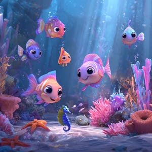 Op de afbeelding: Een kleurrijke onderwaterwereld met vissen, koraal en een zeepaardje. De vissen hebben grote ogen en zwemmen in het water. Het tafereel wordt verlicht door zonlicht dat door het water schijnt.