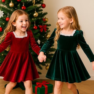 Robe de Noël en velours pour fille, robe de fête des fêtes rouge-vert avec col en dentelle, tenue d&#39;hiver à manches longues pour tout-petits et enfants, vêtements de Noël élégants