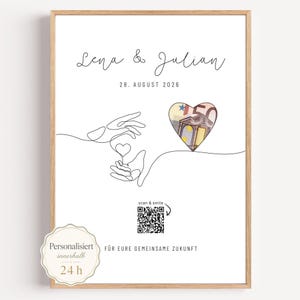 Könnte beinhalten: Ein gerahmter Druck mit den Namen Lena & Julian, dem Datum 28. AUGUST 2026, einer Continuous-Line-Zeichnung von Händen, die ein Herz halten, einem herzförmigen Ausschnitt mit einem 50-Euro-Schein, einem QR-Code mit scan & smile und deutschem Text.