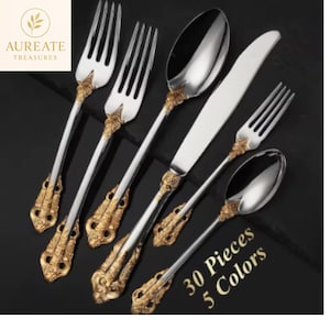 Royal Vintage Vergoldetes Besteck-Set - Buntes Edelstahlbesteck, Vollgold- und Teilvergoldete Löffel, Gabeln und Messer