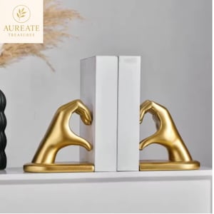 Gold Heart Shape Bookends – Decorative Finger Heart Figurine Bookend for Bookshelves & Home Décor