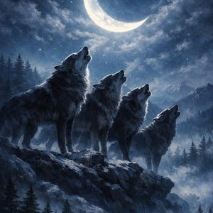 Wolf Pack Howling Mystical Forest Art, Enchanted Night Sky (Digital Download)