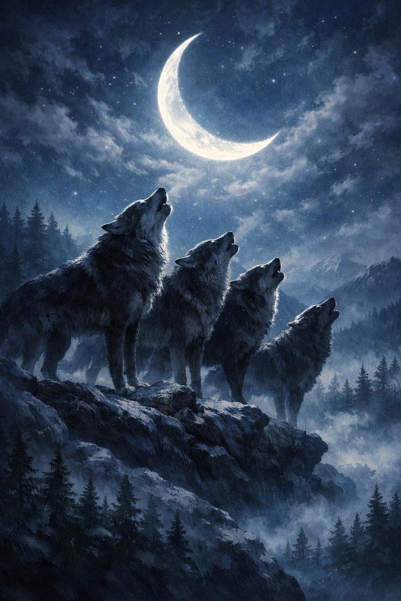 Wolf Pack Howling Mystical Forest Art, Enchanted Night Sky (digital ...