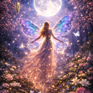 May include: A digital illustration of a fairy with iridescent wings, standing in a moonlit forest. The fairy is wearing a flowing gown, surrounded by flowers and butterflies. The scene is bathed in soft, ethereal light.