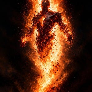 Puede incluir: Obra de arte digital que representa una figura de fuego sobre un fondo oscuro. La forma humanoide está rodeada de llamas, con un núcleo de calor intenso. La imagen sugiere temas de energía y metamorfosis.