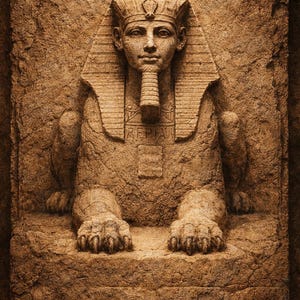 Könnte beinhalten: Detaillierte Reliefschnitzerei der Sphinx, einer Fabelwesen mit menschlichem Kopf und Löwenkörper. Die Skulptur ist in Braun- und Beigetönen gehalten, mit komplizierten Details an Kopfschmuck und Gesicht.