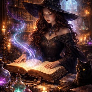 Puede incluir: Una mujer con un sombrero de bruja negro y un vestido lee de un libro abierto, rodeada de velas, botellas de pociones y un gato negro. La escena está iluminada por luz mágica y ambientada en una biblioteca.