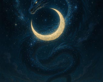 Fantasy Wall Art, Moon Dragon Print, Celestial Night Sky Decor, Digital Download