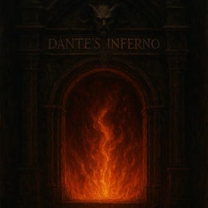 Könnte beinhalten: Eine künstlerische Darstellung von Dantes Inferno. Das Bild zeigt einen dunklen Steinbogen mit dem Text "DANTE'S INFERNO" über einem feurigen Portal. Das Kunstwerk erzeugt ein Gefühl von Geheimnis und Übernatürlichem.