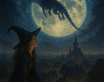 Decorazione murale fantasy con drago e luna in stile stregonesco cottagecore (download digitale)