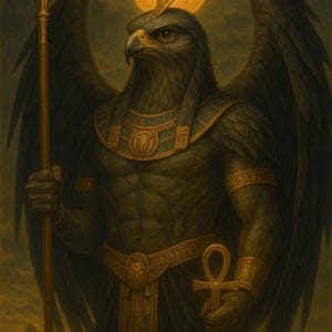 May include: A detailed painting of a deity with a hawk head, wings, and a muscular torso. The figure holds a spear and an ankh. A golden halo with a cobra sits above the head. The color palette is dominated by dark greens and golds.