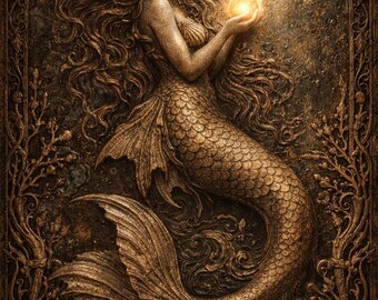 Cuadro decorativo de sirena de bronce: detalle de cabello suelto - Mito oceánico texturizado (descarga digital)