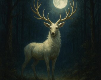 Mystical White Stag Forest Art: Moonlit Deer (Digital Download)