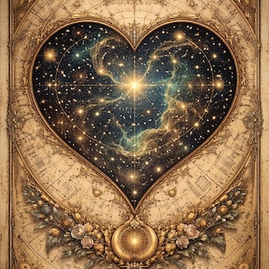 Può includere: Illustrazione in stile vintage con un design celeste a forma di cuore. Il cuore è riempito da un cielo stellato e incorniciato in oro. Lo sfondo ha una texture simile a una mappa con dettagli floreali e di bussola. L'opera ha un aspetto caldo e invecchiato.