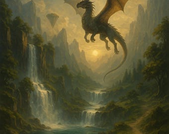 Paisaje épico de fantasía con cascada y dragón (descarga digital)