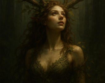 Doncella con cuernos, espíritu del bosque celta, obra de arte de energía verde (descarga digital)