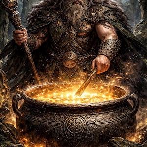 Odin At Forge Viking Art, Gold Crown Raven Armor (Digital Download)