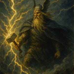 May include: An illustration of a Norse god, holding a hammer, with lightning bolts in the background. The god has a long, flowing beard, a helmet with wings, and is wearing a dark cloak. The artwork has a dramatic, painterly style.