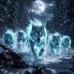 Moonlit Wolf Pack Print: Snowy Forest Glow, Icy Eyes