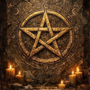 May include: A golden pentagram within a circle is carved into a weathered stone surface. The star is surrounded by symbols and a crescent moon. Lit candles with smoke rising are at the base, creating a mystical and gothic aesthetic.