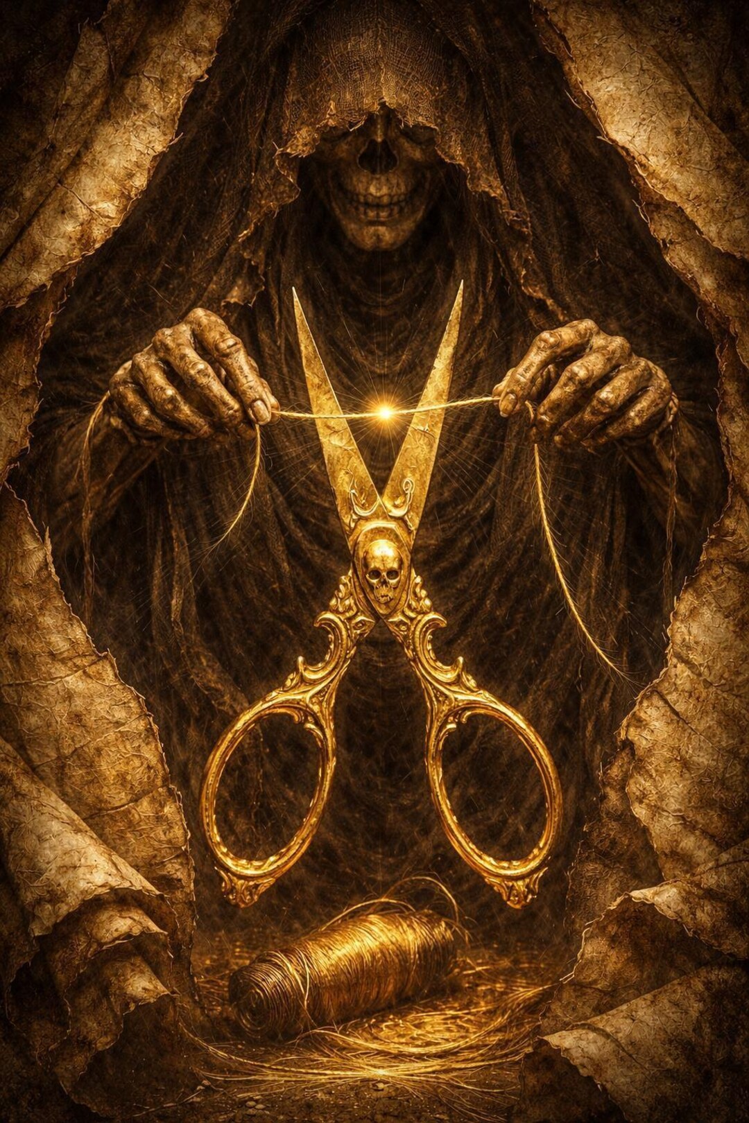 Atropos Scissors Thread Atropos Fate Cutter Dark Fantasy, Golden Scissors Motif, Gothic Wall ...