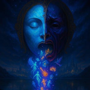 Puede incluir: Pintura digital surrealista de un rostro dividido en dos, un lado sereno y azul, el otro oscuro y angustiado. De la boca abierta, fluye un torrente de figuras luminosas, casas y una guitarra, sobre un cielo nocturno estrellado.
