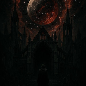 May include: A digital art piece depicting a gothic cathedral under a night sky. A large, red planet dominates the sky, surrounded by swirling nebulae. A hooded figure stands before the cathedral entrance.