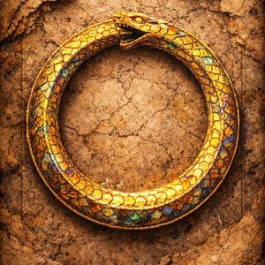 May include: A golden Ouroboros, a serpent eating its own tail, set against a textured, brown background. The snake is detailed with scales and iridescent colors. The image evokes themes of cyclical renewal and infinity.