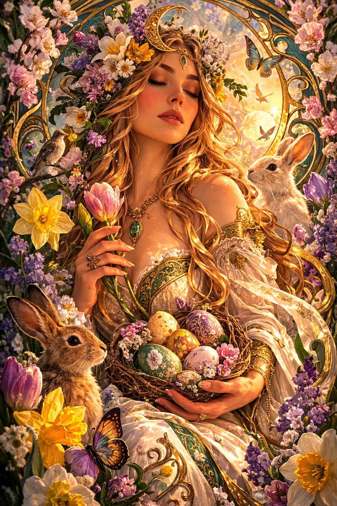 Spring Gods Handiwork Spring Goddess Wall Art: Floral Crown, Golden Light Decor (digital ...