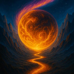 Cosmic Sun Portal Wall Art, Fiery Orb Over Lava River (Digital Download)