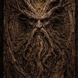 May include: A detailed carving of a face within a tree trunk. The face has a long beard and is surrounded by branches and textured bark. The color palette is primarily brown and dark green, creating a natural and earthy aesthetic.