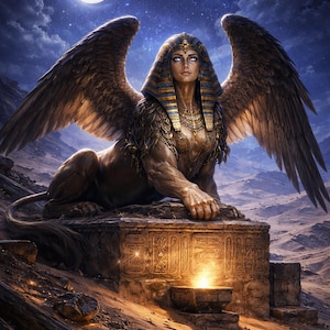 May include: Digital artwork depicting a sphinx with a human head and lion's body, decorated with gold and blue details. The sphinx has large feathered wings, set against a desert landscape under a starry night sky with a crescent moon.